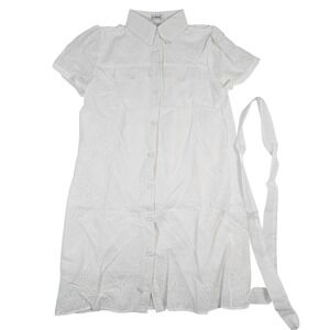 La‎ Diosa White Eyelet Lace Button Down Mini Shirt Dress XL Puff Sleeve Belted